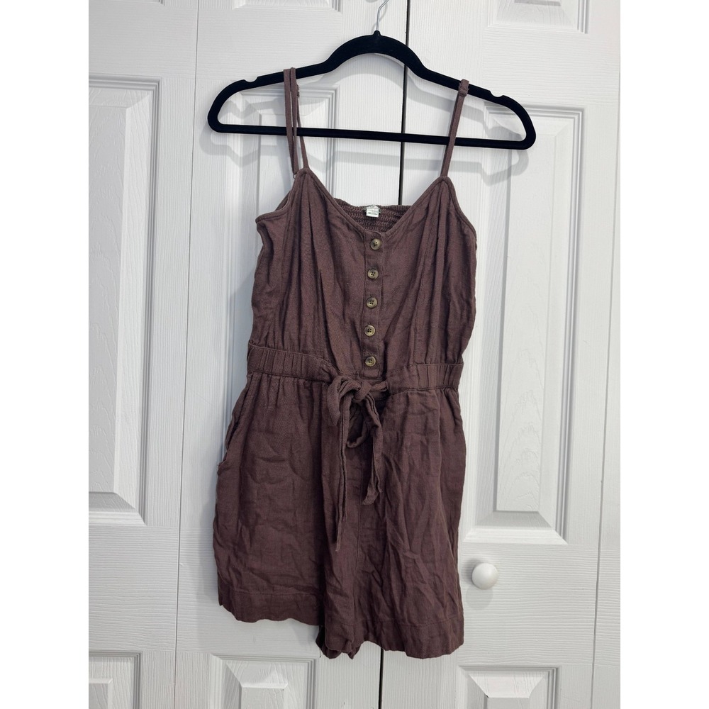 Aerie Sleeveless V-Neck Romper Women's Small Brown Spaghetti Straps 100% Cotton
